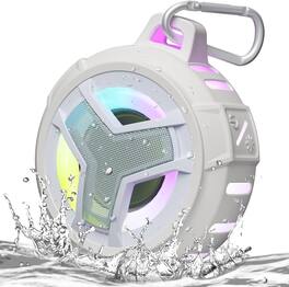 PRIMEPLUS - Portable IP67 Waterproof Bluetooth Shower Speaker with LED Lights, Floating Design, 2000mAh Battery, Includes Carabiner - White