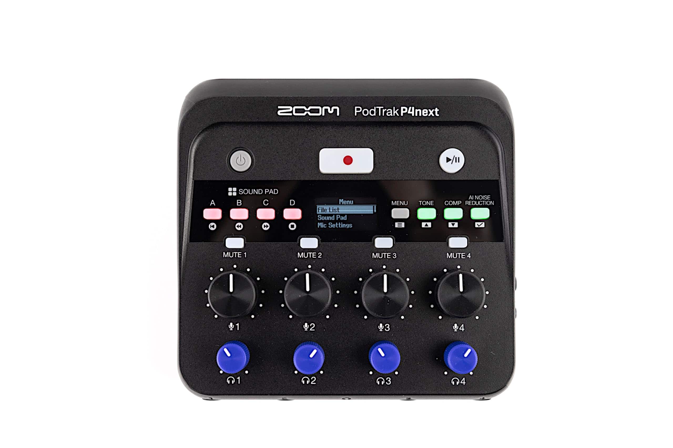 Zoom - PodTrak P4next Podcast Recorder, Battery Powered, 4 Microphone Inputs, 4 Headphone Outputs, AI Noise Reduction, Ton