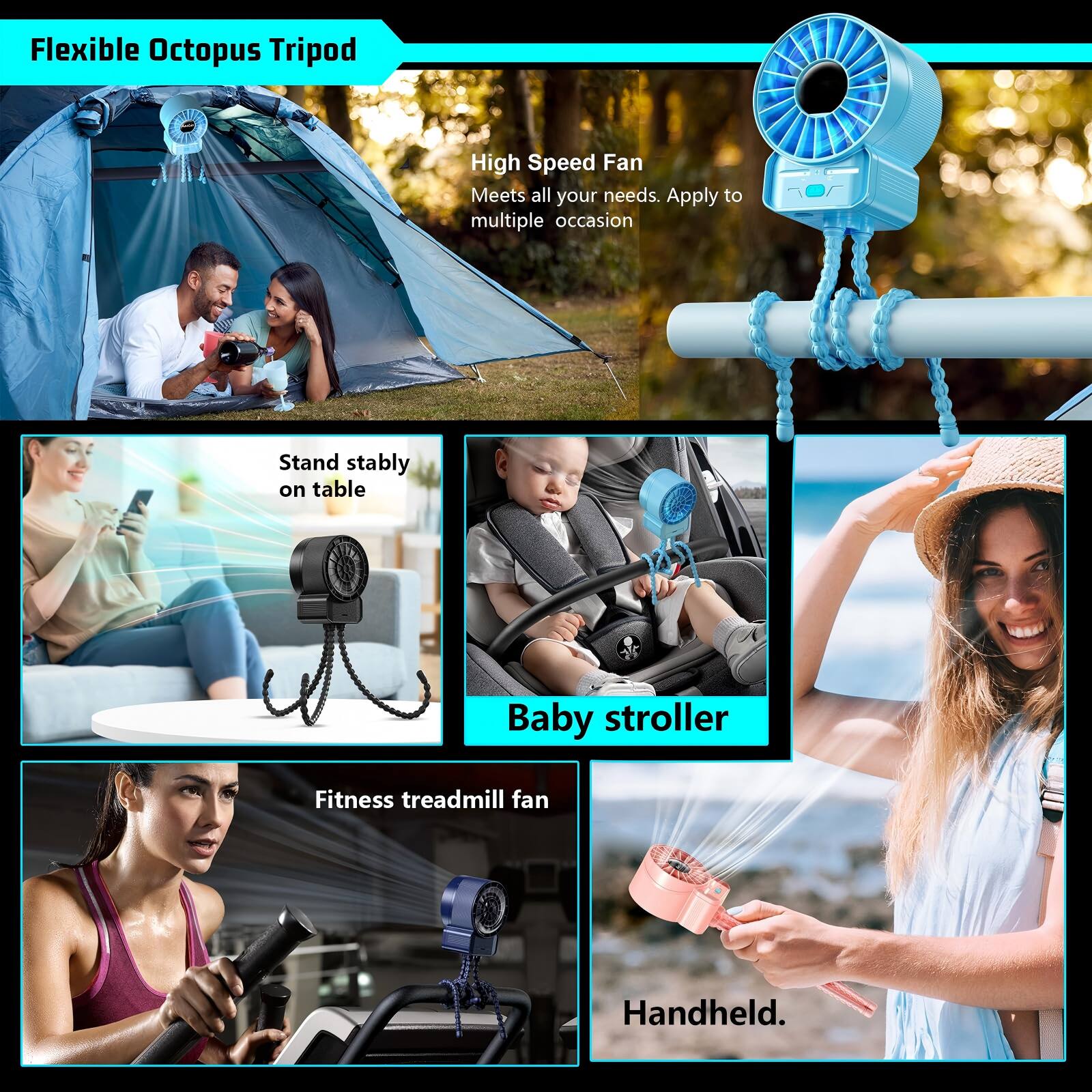 Flexible Octopus Tripod High Speed Fan Meets all your needs. Apply to multiple occasions. Stand stably on table Baby stroller Fitness treadmill fan Handheld.