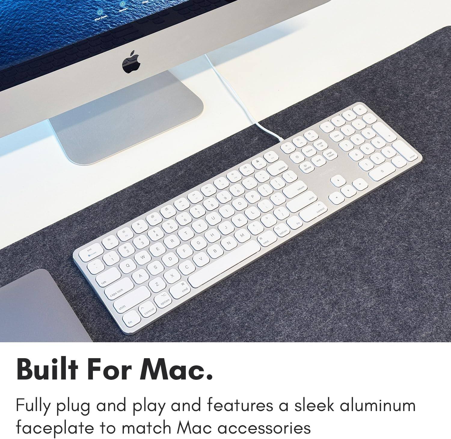 The text in the image reads:

"Built For Mac. Fully plug and play and features a sleek aluminum faceplate to match Mac accessories."