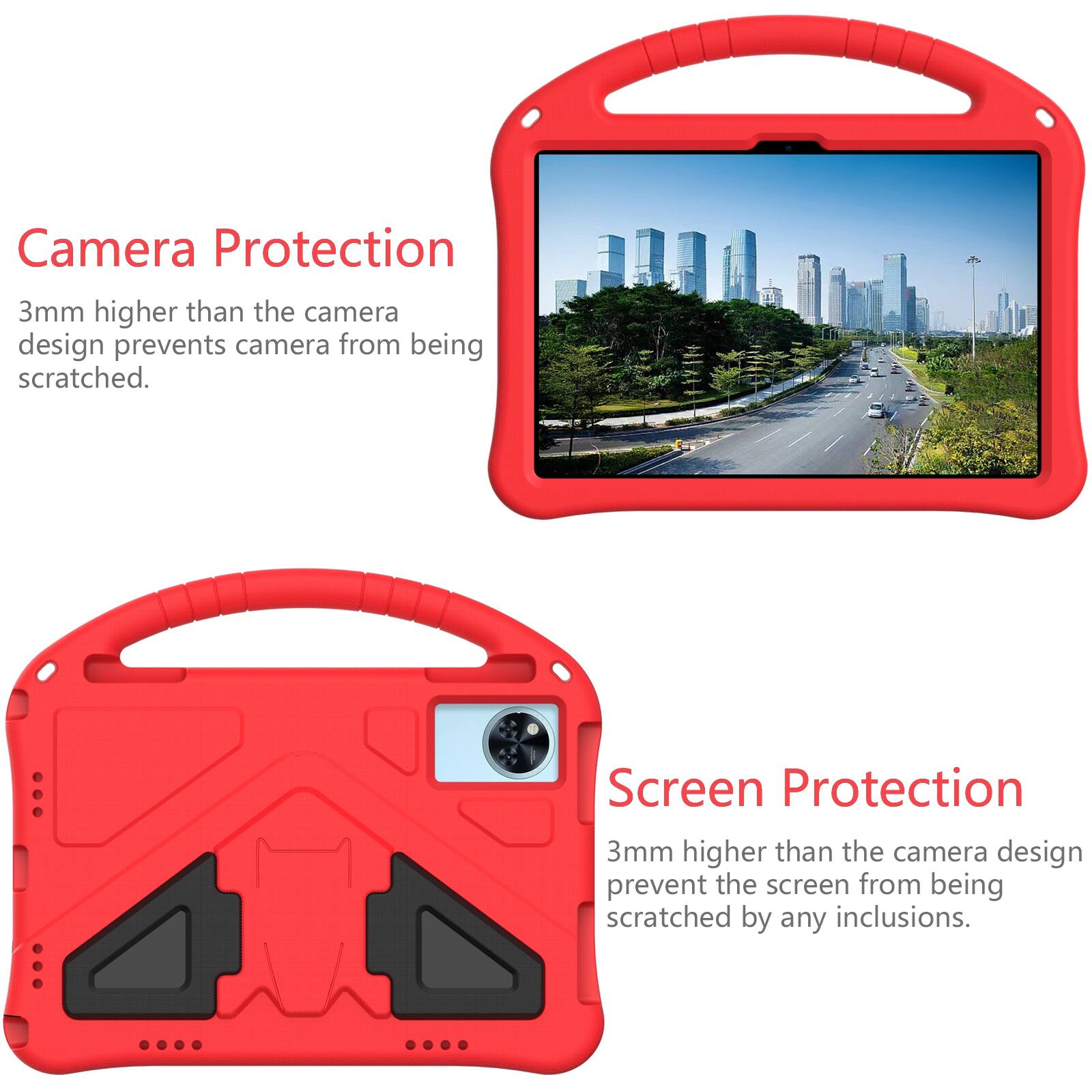 Camera Protection  
3mm higher than the camera design prevents camera from being scratched.  

Screen Protection  
3mm higher than the camera design prevent the screen from being scratched by any inclusions.