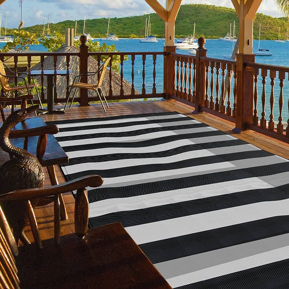 Alt View 2. Earthley Blooms - Plastic Straw Rug Outdoor Waterproof Patio Rugs Foldable Reversible Camping Mat For Rv Deck Porch Picnic Be... - H-aqua Blue/White-5' x 8'.