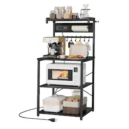 VEVOR - Kitchen Bakers Rack, 4.6ft Power Cable Bakers Rack with Power Outlet, Kitchen Stand with X-Shaped Support Bar - Black Wood Grain + Black Iron Tube