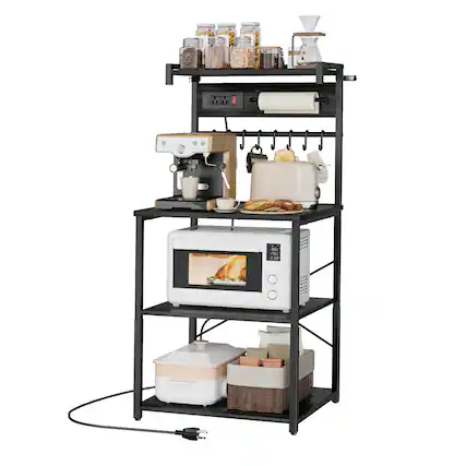 Front. VEVOR - Kitchen Bakers Rack, 4.6ft Power Cable Bakers Rack with Power Outlet, Kitchen Stand with X-Shaped Support Bar - Black Wood Grain + Black Iron Tube.