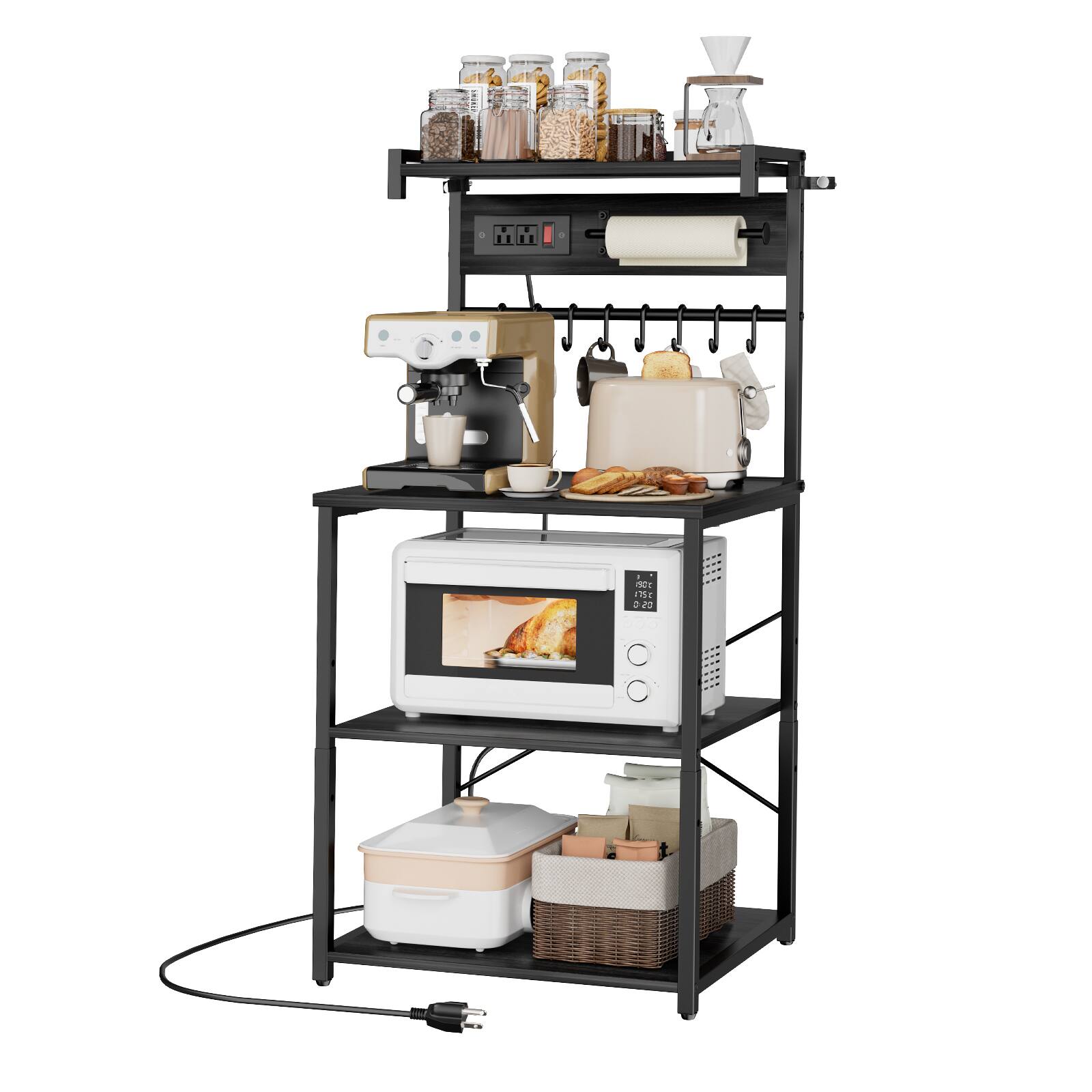 Front. VEVOR - Kitchen Bakers Rack, 4.6ft Power Cable Bakers Rack with Power Outlet, Kitchen Stand with X-Shaped Support Bar - Black Wood Grain + Black Iron Tube.