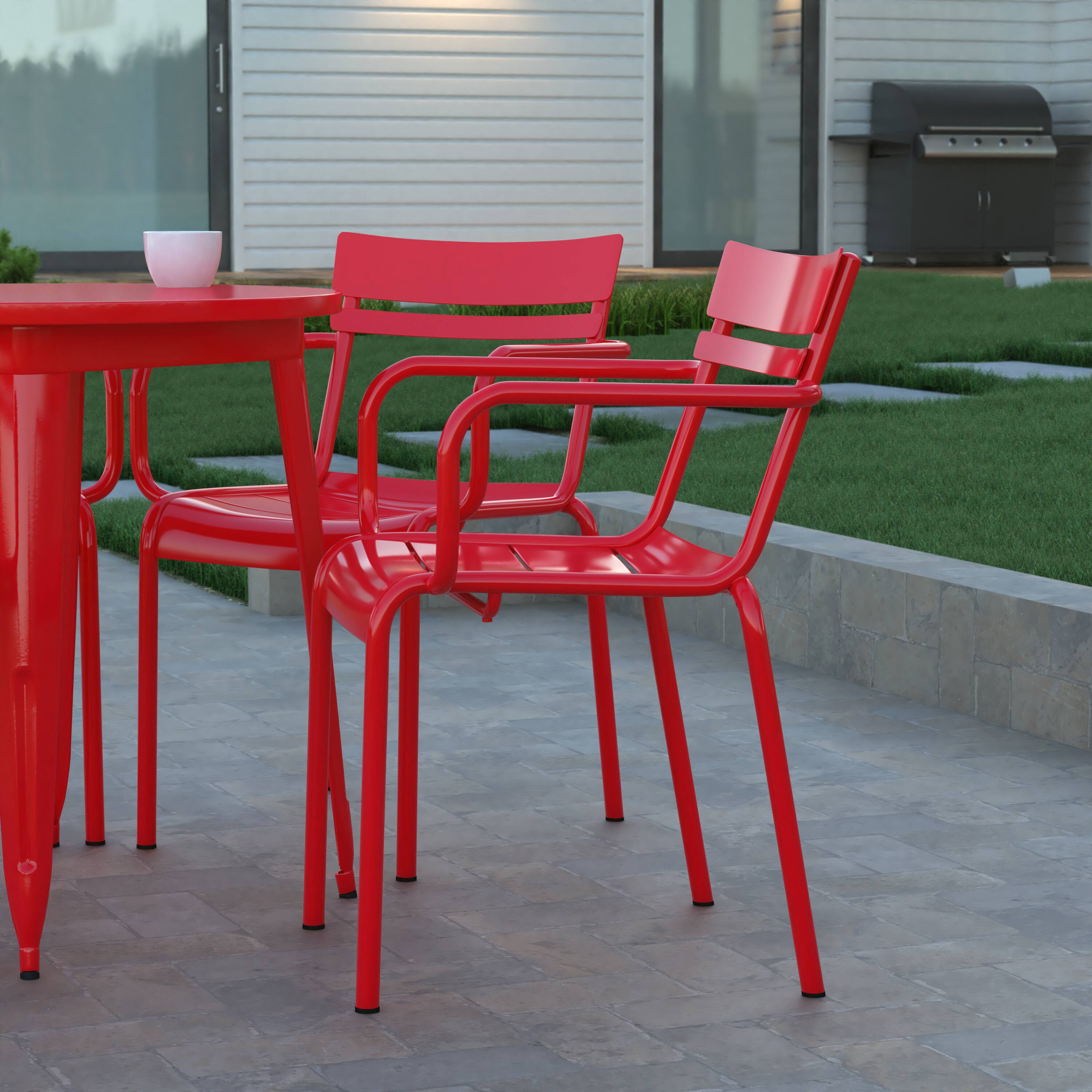 Emma + Oliver - Rennes Powder Coated Steel Stacking Dining Chair with Arms and 2 Slat Back for Indoor-Outdoor Use - Red