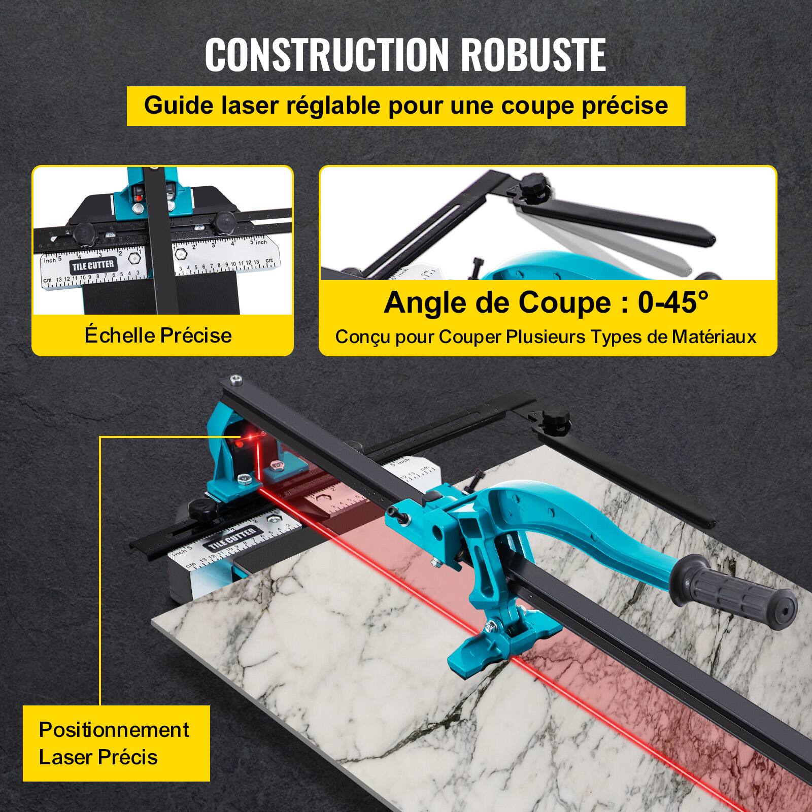 CONSTRUCTION ROBUSTE  
Guide laser réglable pour une coupe précise  

- Échelle Précise  
- Angle de Coupe : 0-45°  
- Conçu pour Couper Plusieurs Types de Matériaux  
- Positionnement Laser Précis