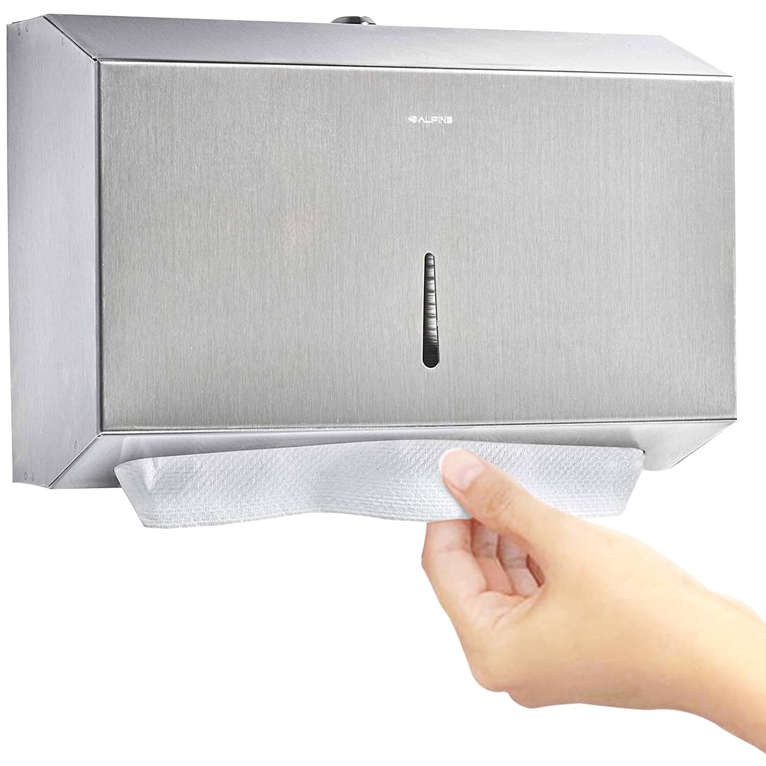 Angle. Alpine Industries - Paper Towel Holder, Stainless Steel, C-Fold/Multi-Fold, Horizontal Paper Towel Dispenser - Stainless Steel.