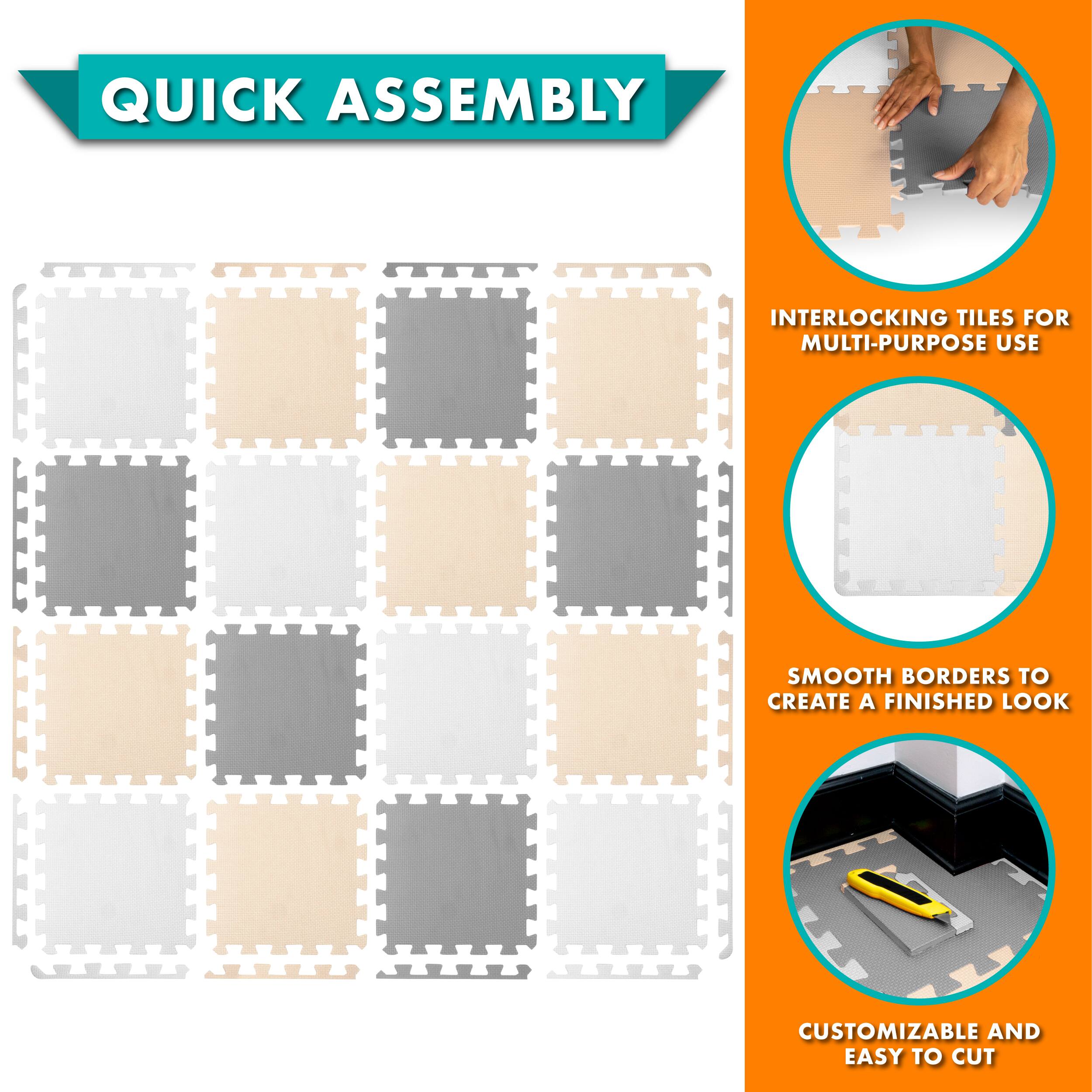 Quick Assembly Interlocking Tiles for Multi-Purpose Use. Create a Smooth, Finished Look with Customizable and Easy-to-Cut Borders.