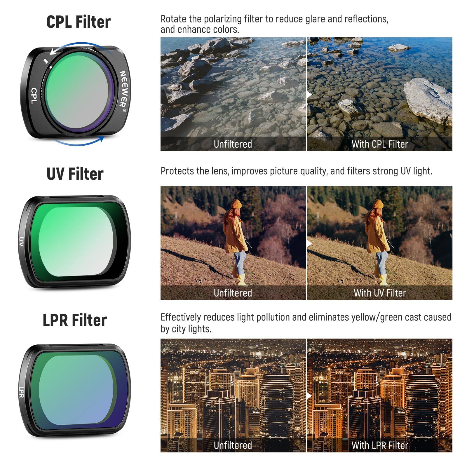 CPL Filter: Rotate the polarizing filter to reduce glare and reflections, and enhance colors.  
CPL NEEWER  
Unfiltered With CPL Filter  

UV Filter: Protects the lens, improves picture quality, and filters strong UV light.  
Unfiltered With UV Filter  

LPR Filter: Effectively reduces light pollution and eliminates yellow/green cast caused by city lights.  
LPR Unfiltered With LPR Filter