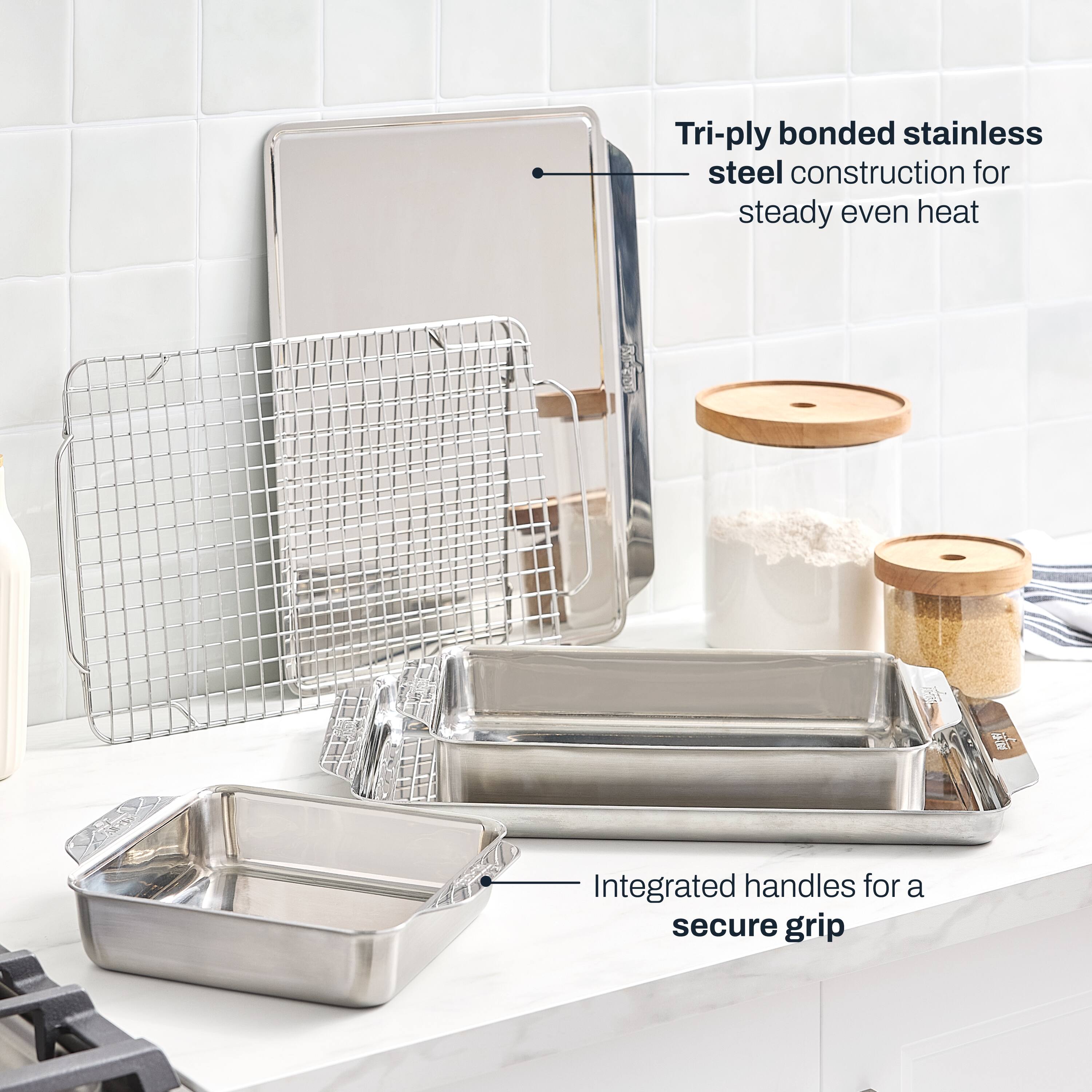 Tri-ply bonded stainless steel construction for steady even heat  
Integrated handles for a secure grip