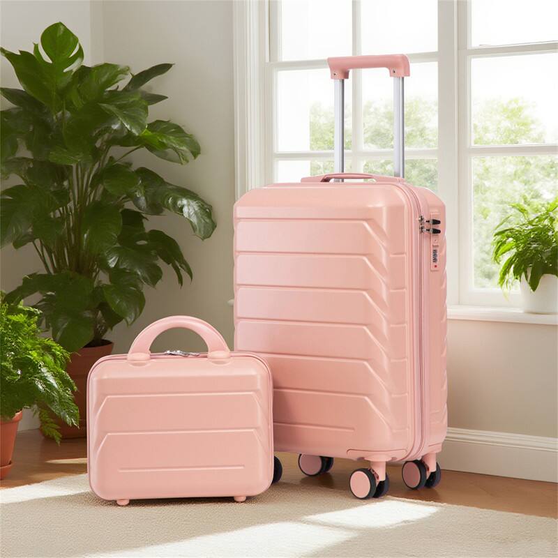 Alt View 6. HTUTWOO - 14"/20" Set of 2 ABS Spinner Wheel Luggage with Combination Lock - 360° Rotating Handle, Anti-Fall Protective Cover - Pink.