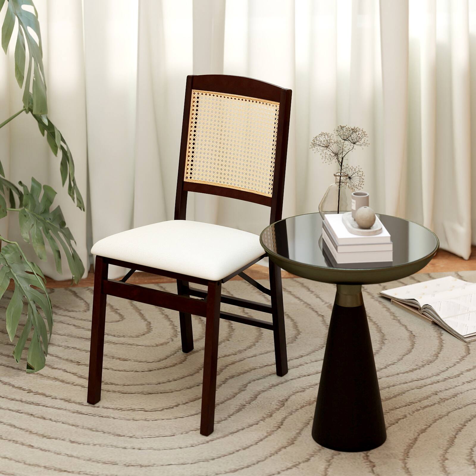 Alt View 3. Costway - Costway Folding Dining Chairs Set of 2 with Linen Padded Seat & Rattan Backrest for Kitchen - Coffee + Natural + Beige.