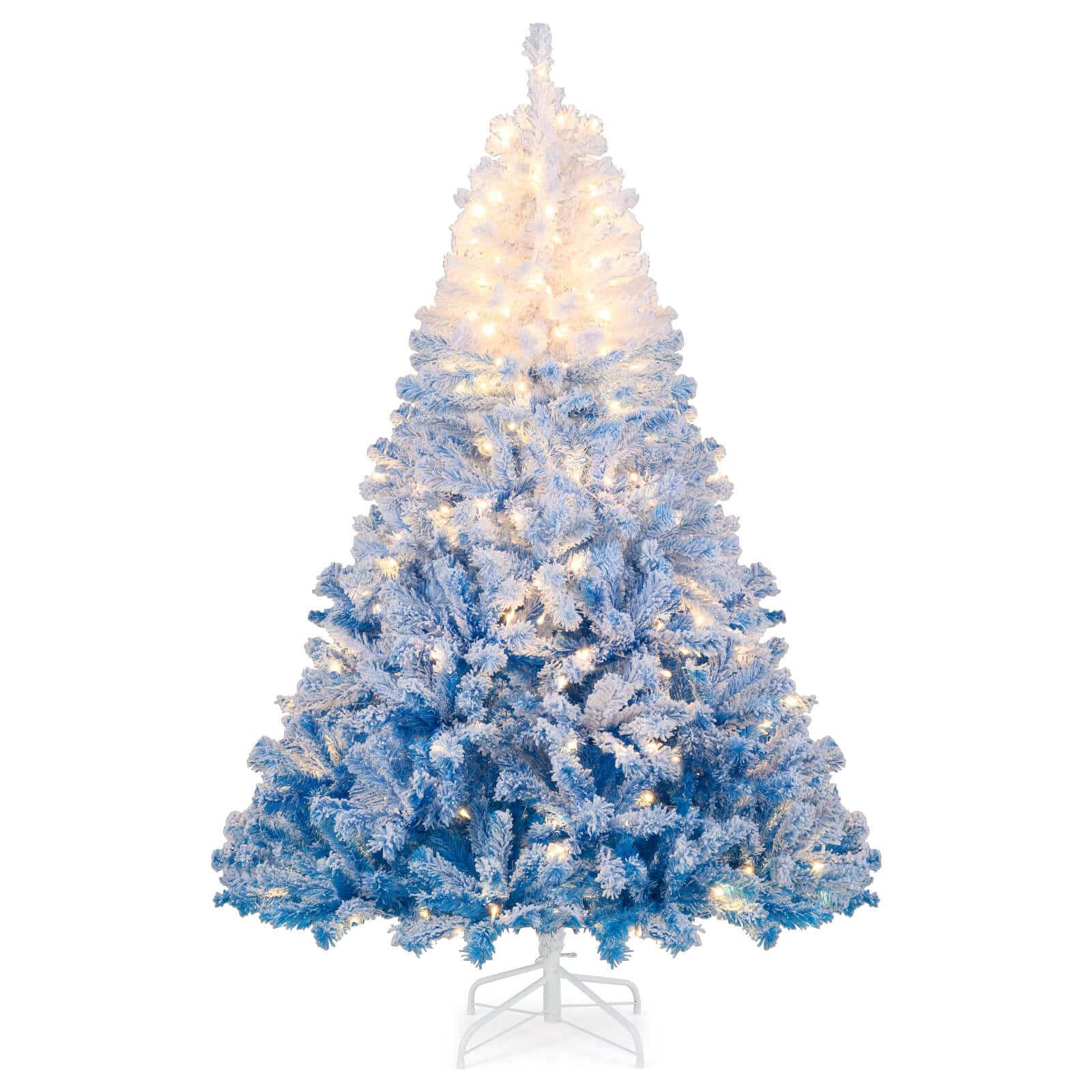 Costway - 6 FT Artificial Christmas Tree with 250 Warm White LED Lights, 8 Lighting Modes & Folding Metal Stand - Blue,White