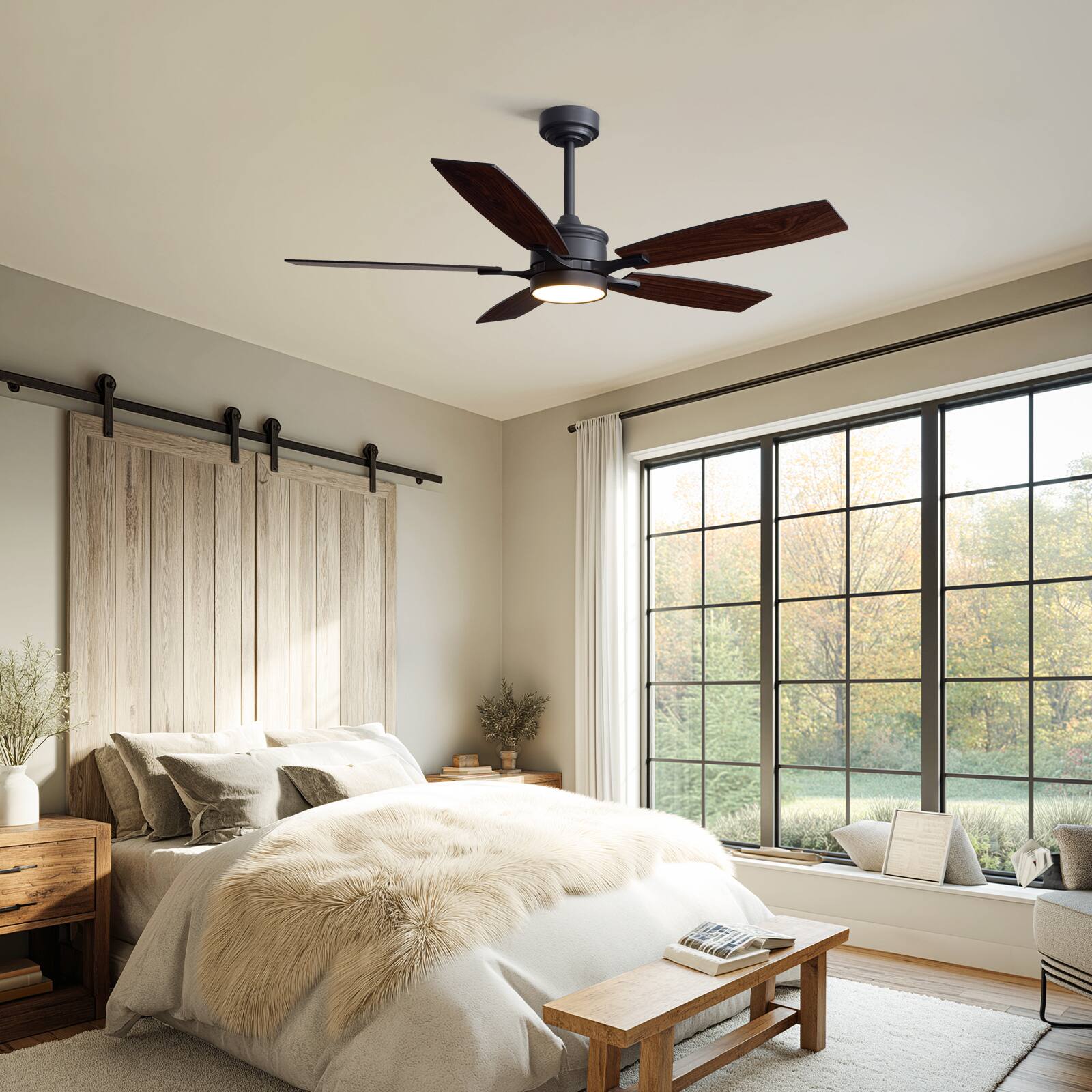 Back. Siljoy - 52 Inch Modern Walnut Wood 5 Blade Ceiling Fan with LED Light Minimalist Ceiling Fan Light for Bedroom Living Room Foyer - Walnut Wood.
