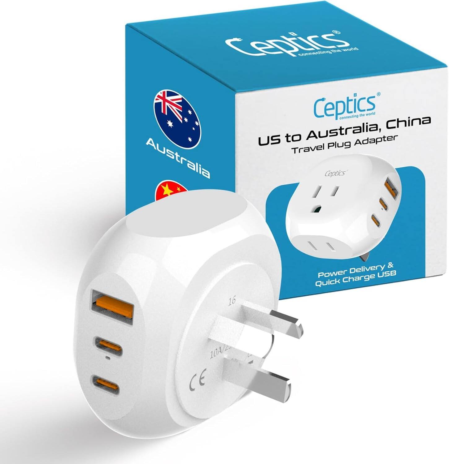 Ceptics  
Connecting the world  

US to Australia, China  
Travel Plug Adapter  

Power Delivery & Quick Charge USB  

16  
10A  

CE