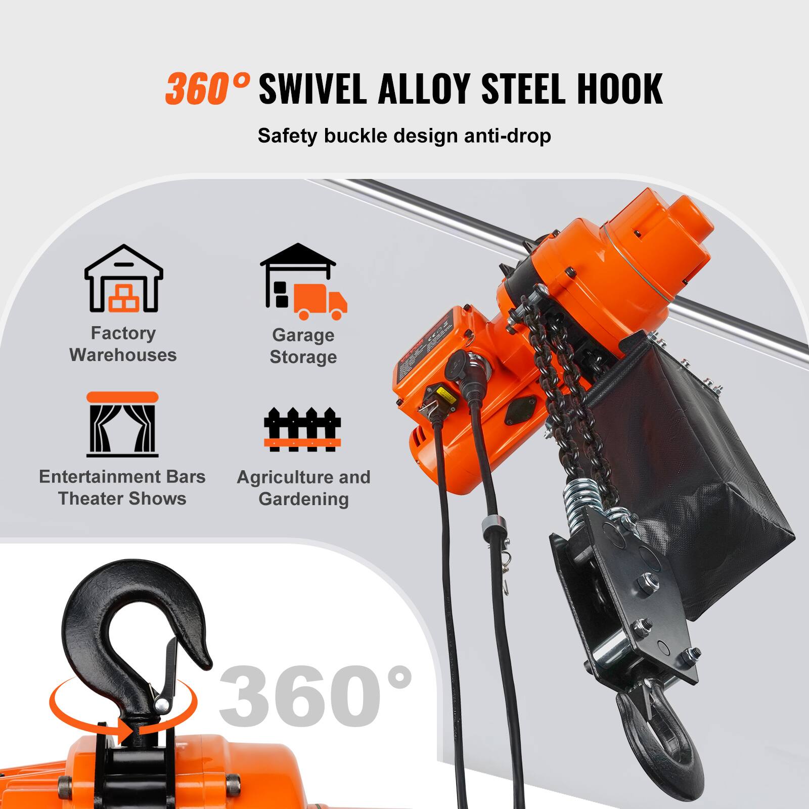360° SWIVEL ALLOY STEEL HOOK  
Safety buckle design anti-drop  

Factory Warehouses  
Garage Storage  
Entertainment Bars  
Agriculture and Theater Shows  
Gardening