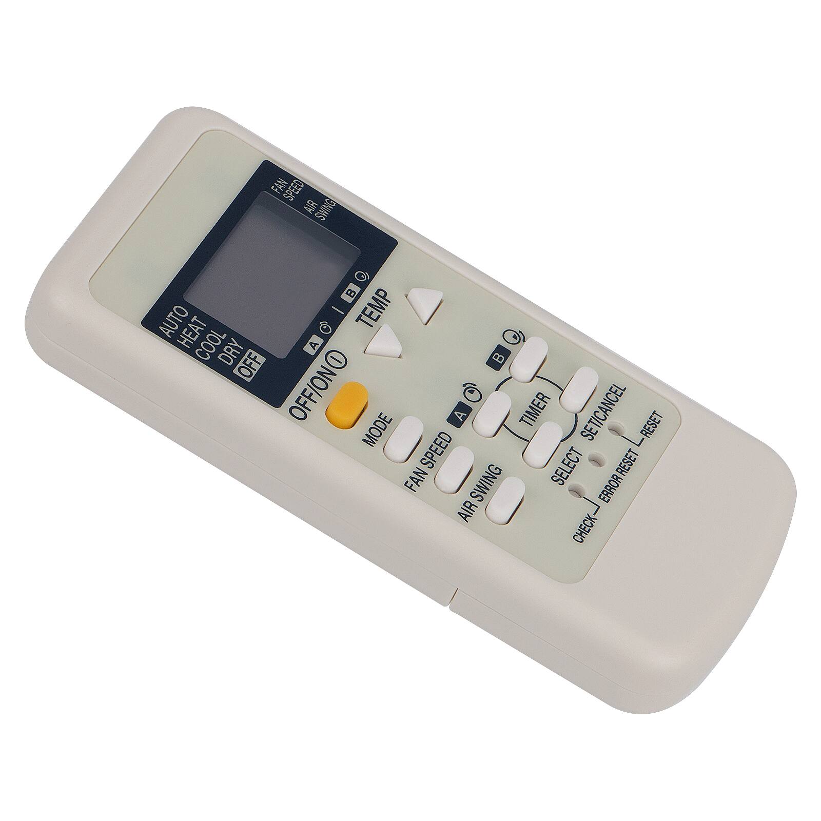 Sure, here is the corrected and grouped text from the image:

- **Top Left:**
  - FAN SPEED
  - AIR SWING

- **Top Center:**
  - AUTO
  - HEAT
  - COOL
  - DRY
  - OFF

- **Top Right:**
  - TEMP
  - °C
  - °F

- **Middle Left:**
  - OFF/ON

- **Middle Center:**
  - MODE
  - FAN SPEED
  - AIR SWING

- **Middle Right:**
  - TIMER
  - SET/CANCEL
  - RESET

- **Bottom Left:**
  - SELECT

- **Bottom Center:**
  - CHECK
  - ERROR RESET

- **Bottom Right:**
  - B
  - ANGEL