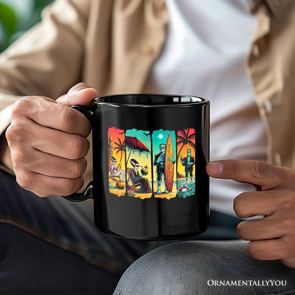Left. OrnamentallyYou - Frankenstein's Beach Vacation Mug, Retro Neon Summer Vibes Gift - Black.
