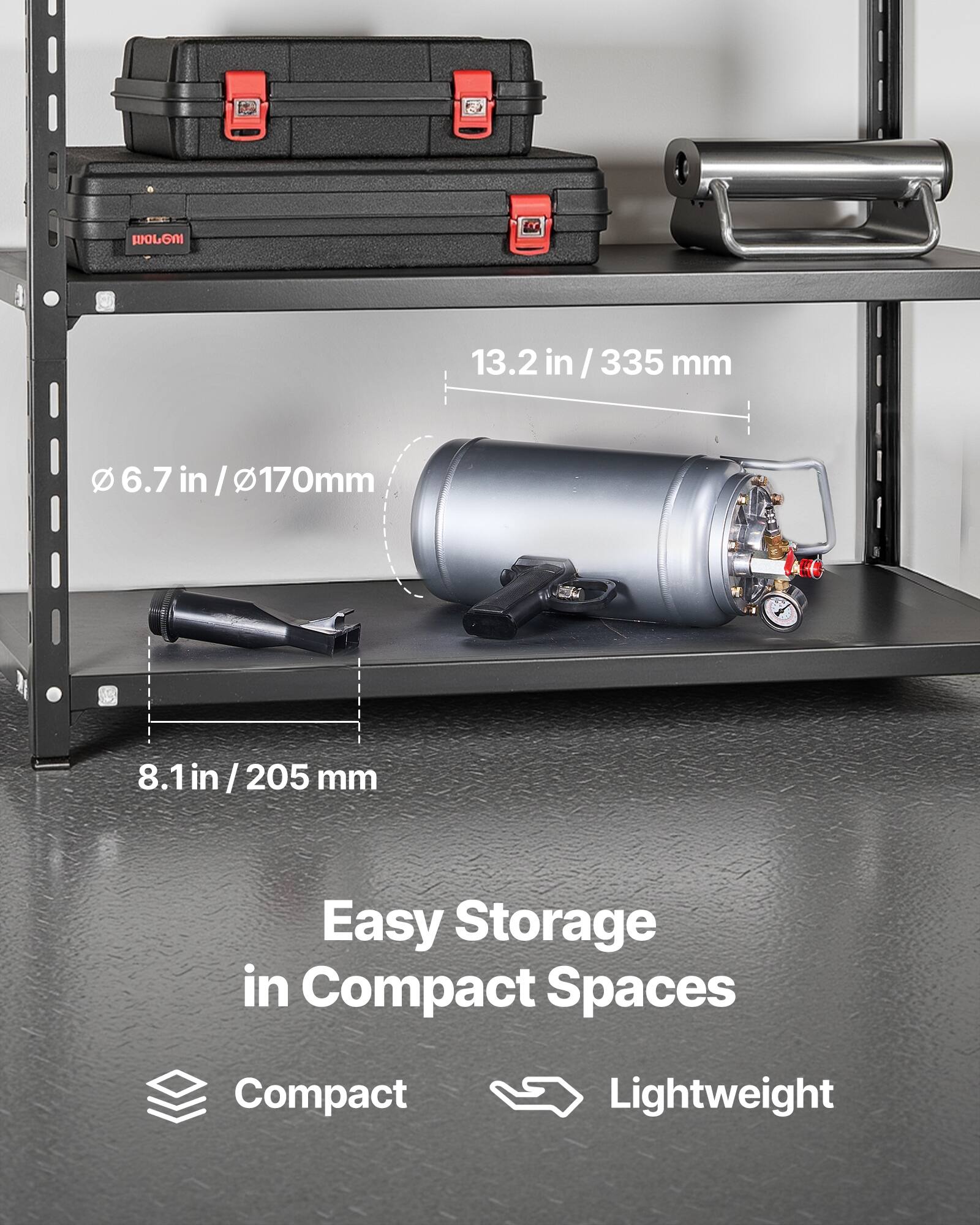 WOLG 13.2 in / 335 mm  
Ø 6.7 in / Ø170mm  
8.1 in / 205 mm  
Easy Storage in Compact Spaces  
Compact Lightweight
