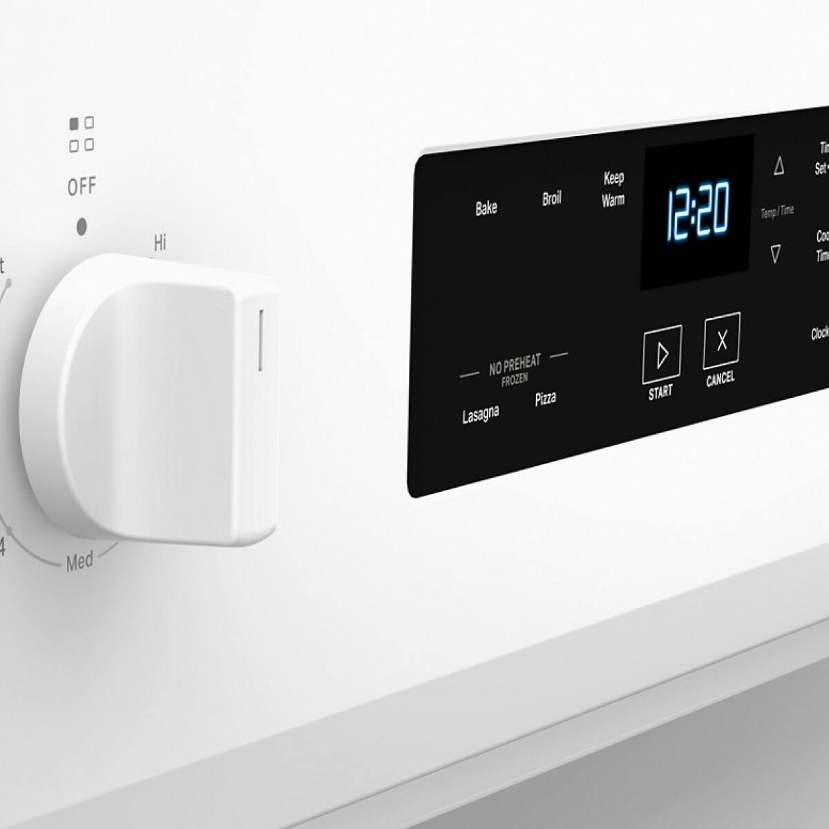 Sure, here is the corrected and grouped text from the image:

- **OFF**
- **Hi**
- **Med**
- **Bake**
- **Broil**
- **Keep Warm**
- **12:20**
- **Temp/Time**
- **Set**
- **Cook Time**
- **Clock**
- **NO PREHEAT**
- **FROZEN**
- **Lasagna**
- **Pizza**
- **START**
- **CANCEL**