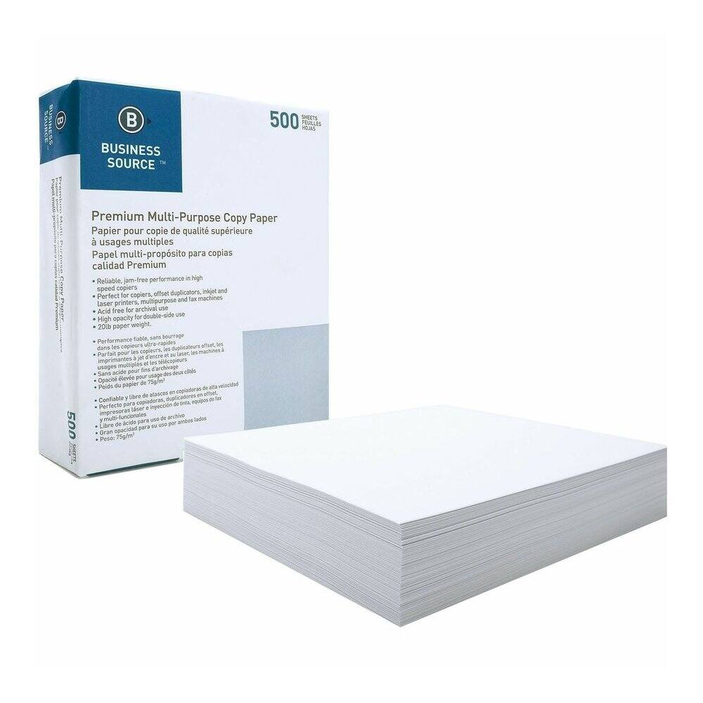 BUSINESS SOURCE T 500 SHEETS PEULLES

Premium Multi-Purpose Copy Paper
Papier pour copie de qualité supérieure d'usages multiples
Papel multi-propósito para copias calidad Premium

- Reliable, jam-free performance in high speed copiers, offset duplicators, inkjet and laser printers, multipurpose and fax machines
- Acid free for double-side use
- 201g paper weight

Performance fiable, sans bouage
Papel multi-propósito para copias calidad Premium
- Parte para uso en alta velocidad, las máquinas de copiado, impresoras láser, equipos de fax
- Opacité élevée pour une utilisation multiple
- Poids du papier: 201g/m²
- Confiable y sin problemas en copiadoras, duplicadoras, impresoras láser, equipos de fax
- Libre de ácido para su uso en ambos lados
- Gran opacidad para su uso en ambos lados