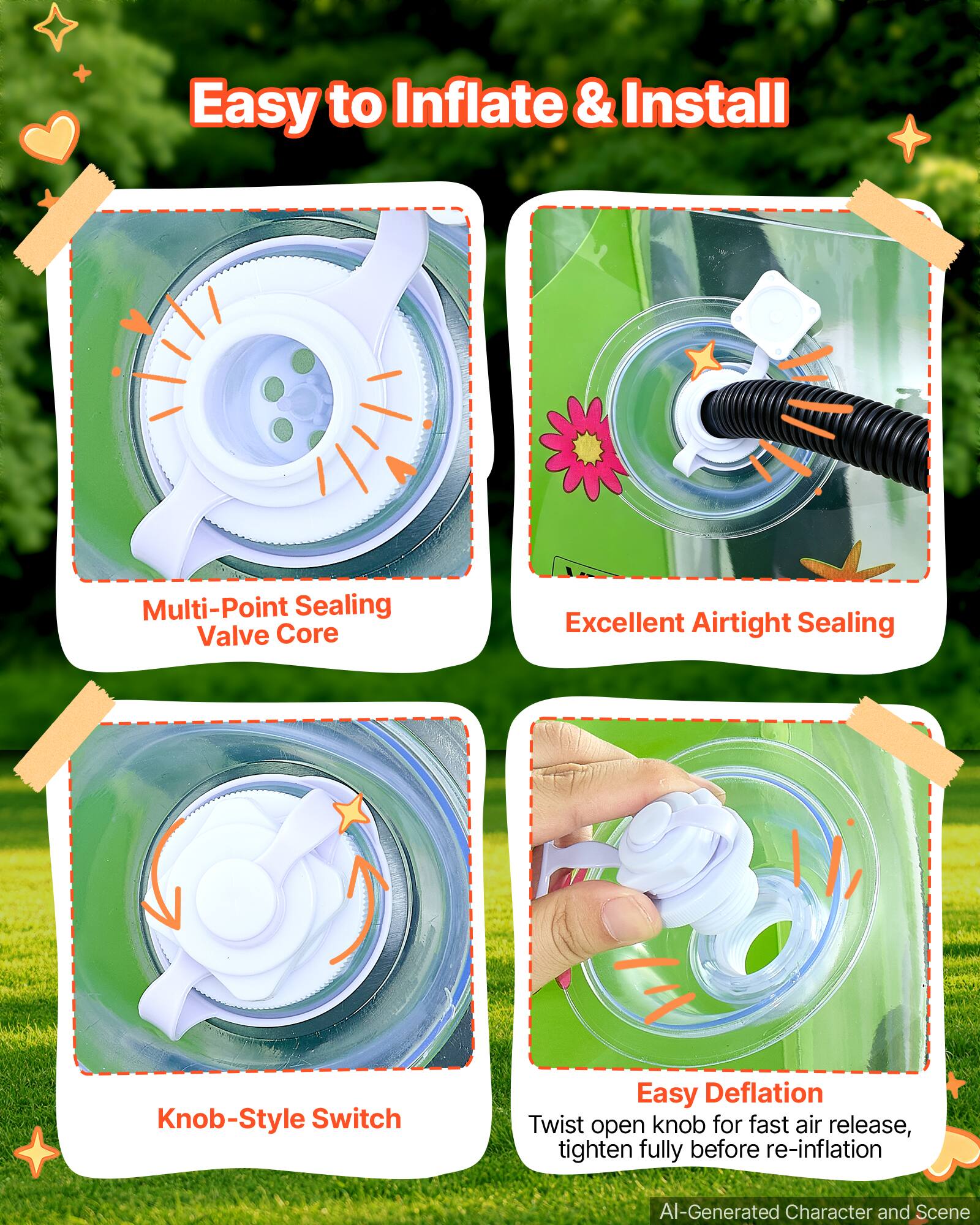 Easy to Inflate & Install

Multi-Point Sealing Valve Core

Excellent Airtight Sealing

Knob-Style Switch

Easy Deflation
Twist open knob for fast air release, tighten fully before re-inflation

AI-Generated Character and Scene