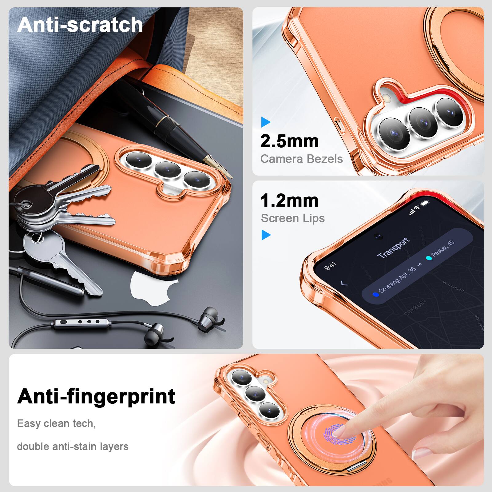 Anti-scratch  
2.5mm Camera Bezels  
1.2mm Screen Lips  

Anti-fingerprint  
Easy clean tech, double anti-stain layers