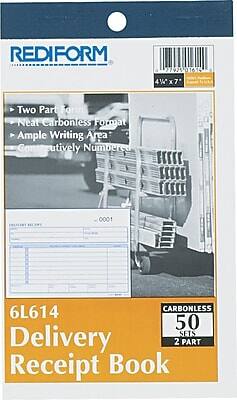 REDIFORM  
6L614 Delivery Receipt Book  

- Two Part Format  
- Neat Carbonless Format  
- Ample Writing Area  
- Consecutively Numbered  

4½" x 7"  

CARBONLESS  
50 SETS  
2 PART  

6L614