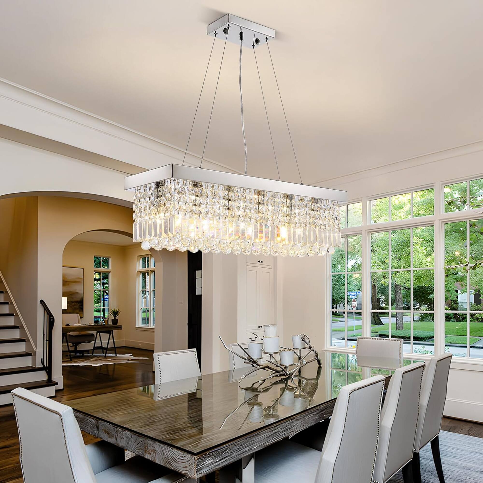 Alt View 2. Siljoy - 31.5" 6-Light Chrome Linear Crystal Chandelier, Adjustable K9 Crystal Pendant Light for Kitchen Island Dining Room Foyer - Chrome.