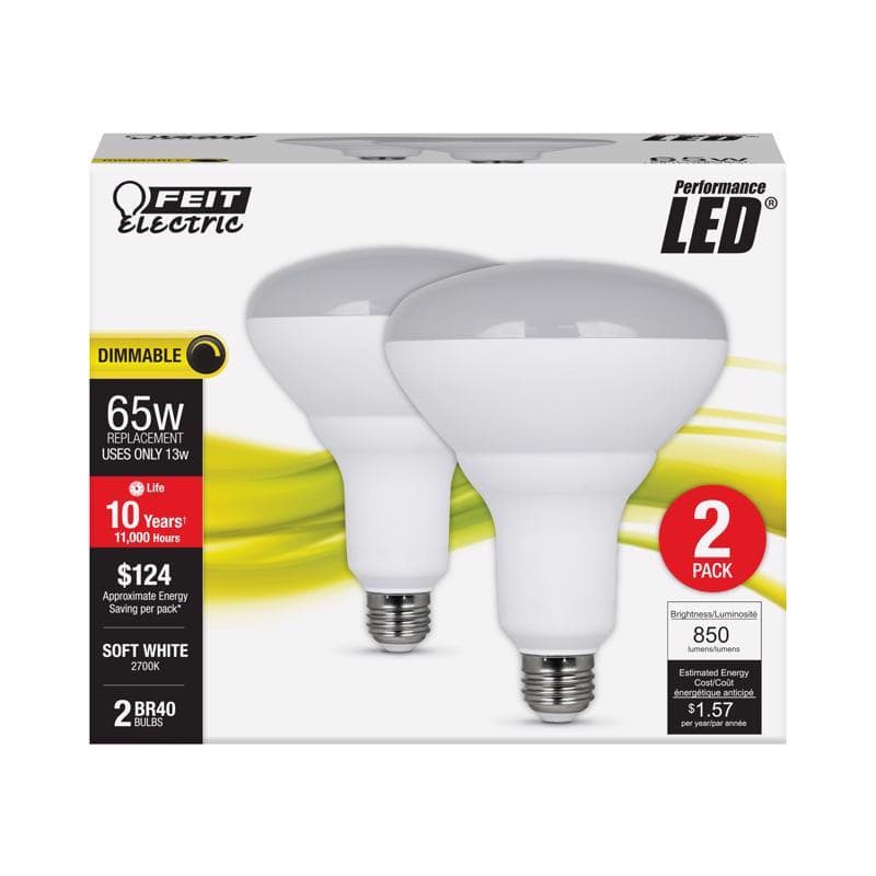 FEIT ELECTRIC - Performance BR40 E26 (Medium) LED Bulb Soft White 65 Watt Equivalence 2 pk