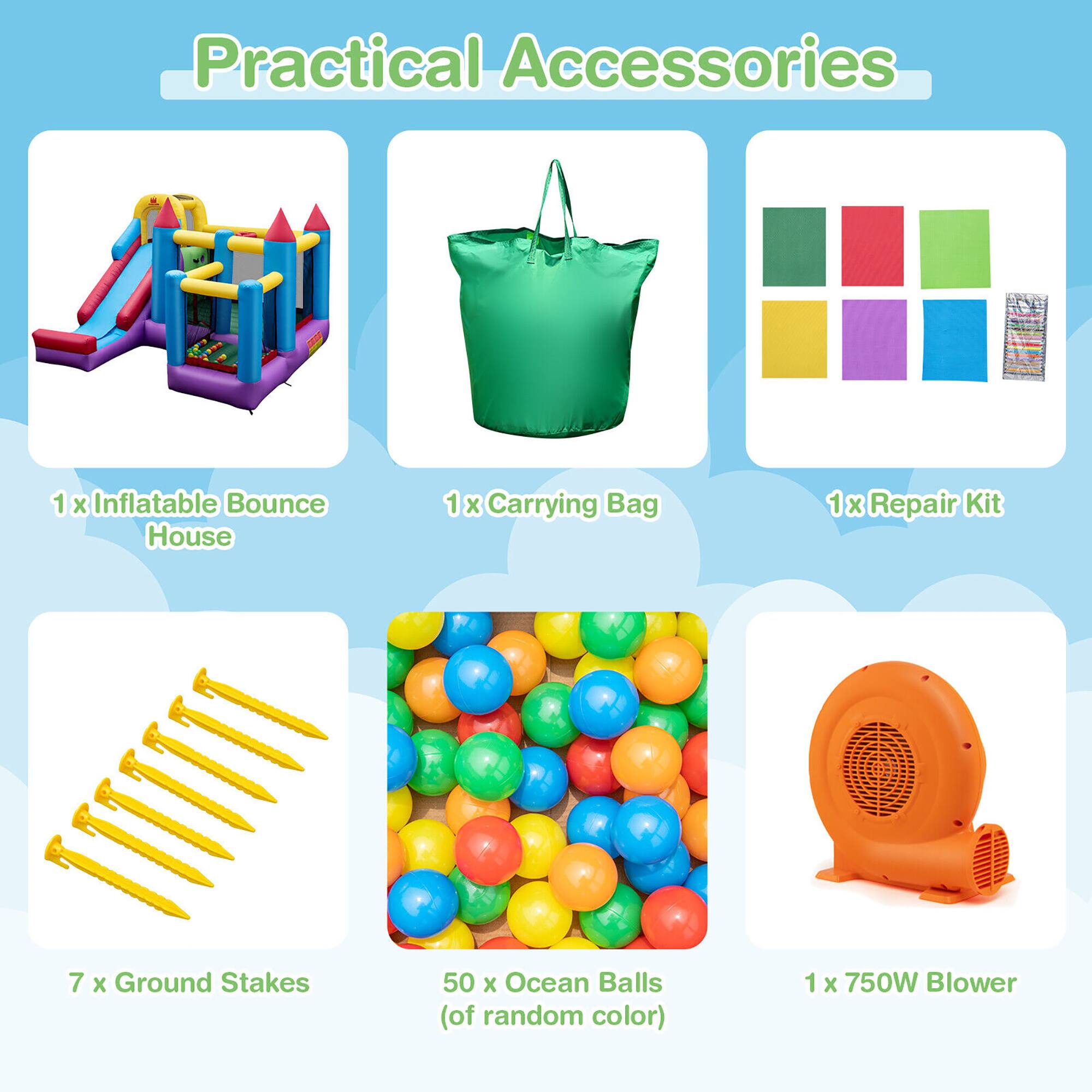 Practical Accessories

1 x Inflatable Bounce House  
1 x Carrying Bag  
1 x Repair Kit  
7 x Ground Stakes  
50 x Ocean Balls (of random color)  
1 x 750W Blower