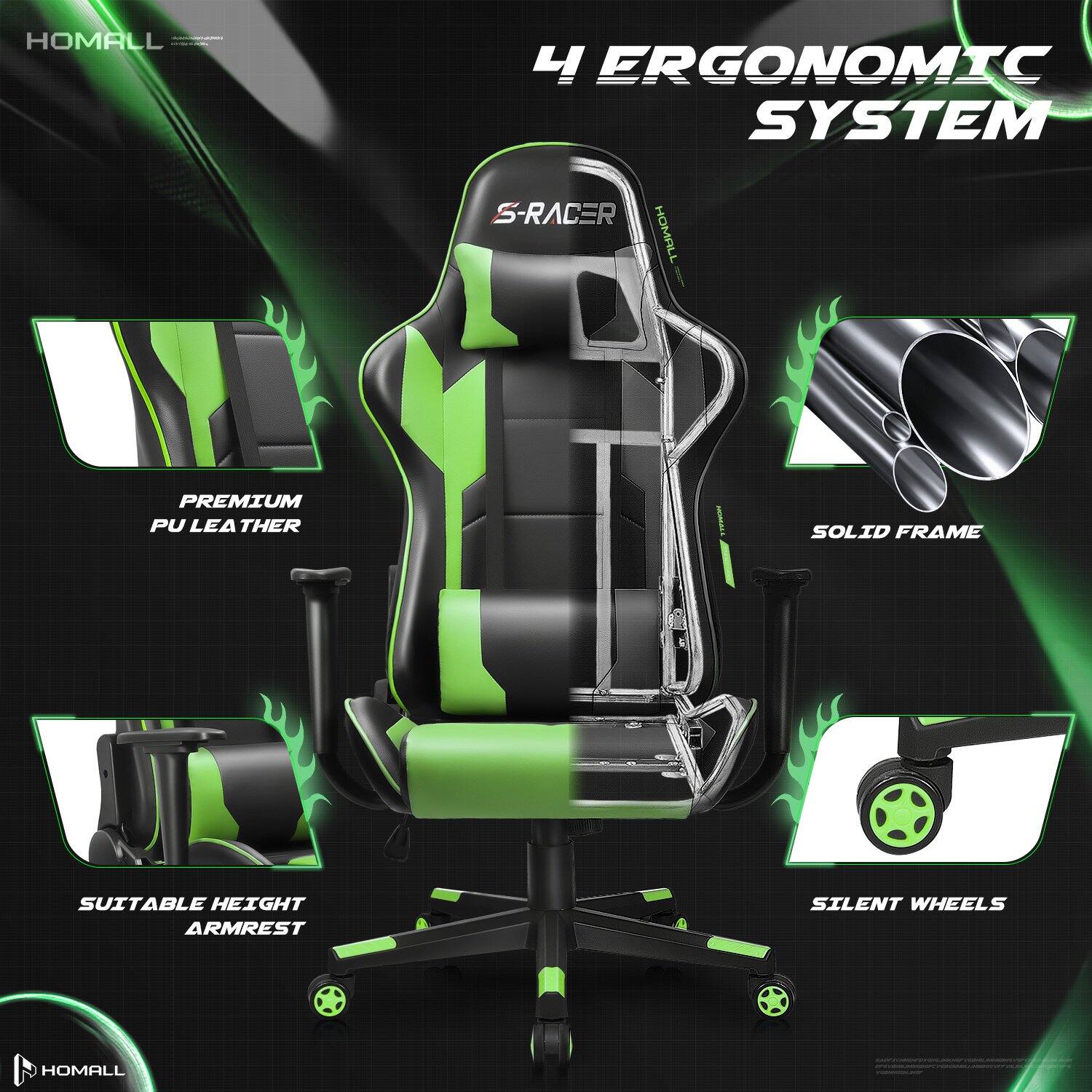 HOMALL

4 ERGONOMIC SYSTEM S-RACER HOMALL

PREMIUM PU LEATHER
SOLID FRAME
SUITABLE HEIGHT ARMREST
SILENT WHEELS

HOMALL
- WWW.KINGSIENS