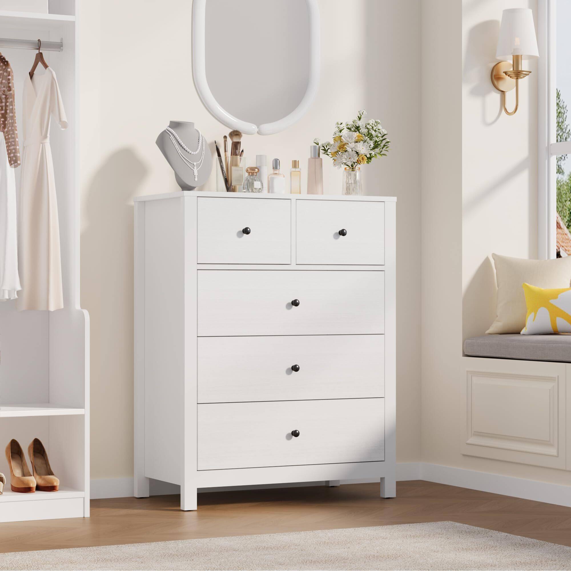 Alt View 4. Acekool - 5 Drawer Dresser for Bedroom, Modern Tall Dresser Organizer with Storage Drawers, Wooden Chests of Drawers - White.