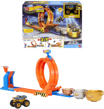 Sure, here is the corrected and grouped text from the image:
---
**Hot Wheels Monster Trucks**
**BIGFOOT**
**50th Anniversary**
**2 IN 1!**
**LOOP-AND-FLIP TROPHY CHALLENGE**
**LAUNCH TO WIN!**
**LANCER POUR GAGNER!**
**Nouveau!**
**NEW!**
**MONSTER TRUCKS 2025**
**BIGFOOT**
**1ST**
**2ND**
**3RD**
**LOOP! - BOUCLE!**
**FLIP! - RETOURNEZ!**
**IST LOOP-AND-FLIP CHALLENGE TROPHY**
**MADNESS**
**4+**
**BIGFOOT - EIME CINS 157**
**NECESSAIRE!**
**IN 1! LOOPI BOUCLE! 2 EN 12 D**
**FLIP! RETOURNEZ!**
**IST LOOP-AND-FLIP CHALLENGE TROPHY MADNESS**
**4+**
**BIGFOOT - EIME CINS 157**
---
This text is grouped and corrected based on the visible elements in the image.