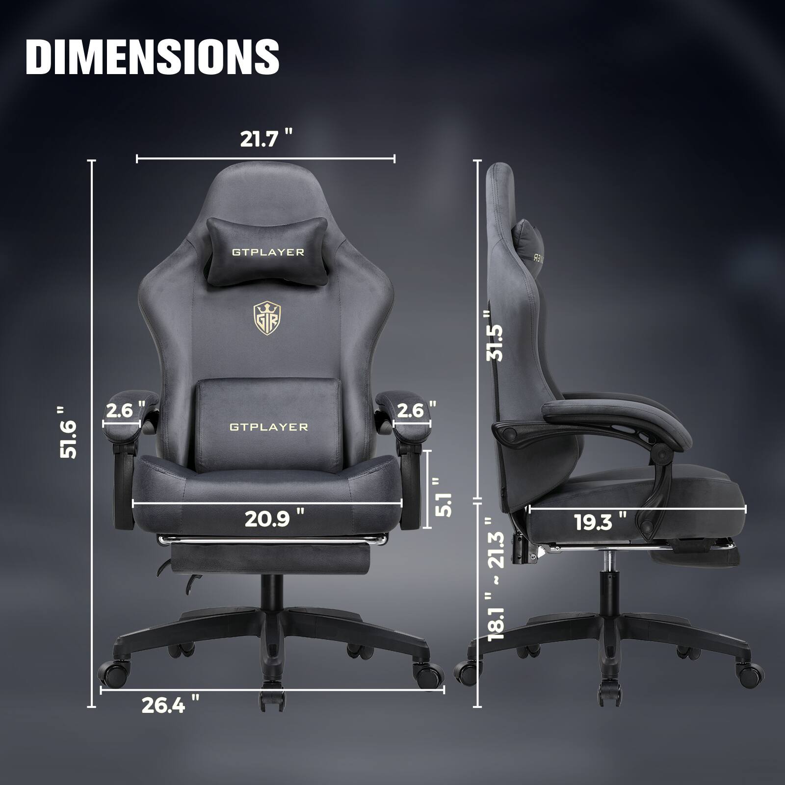 DIMENSIONS  
21.7"  
51.6"  
2.6"  
20.9"  
2.6"  
51"  
31.5"  
21.3"  
18.1"  
19.3"  
26.4"