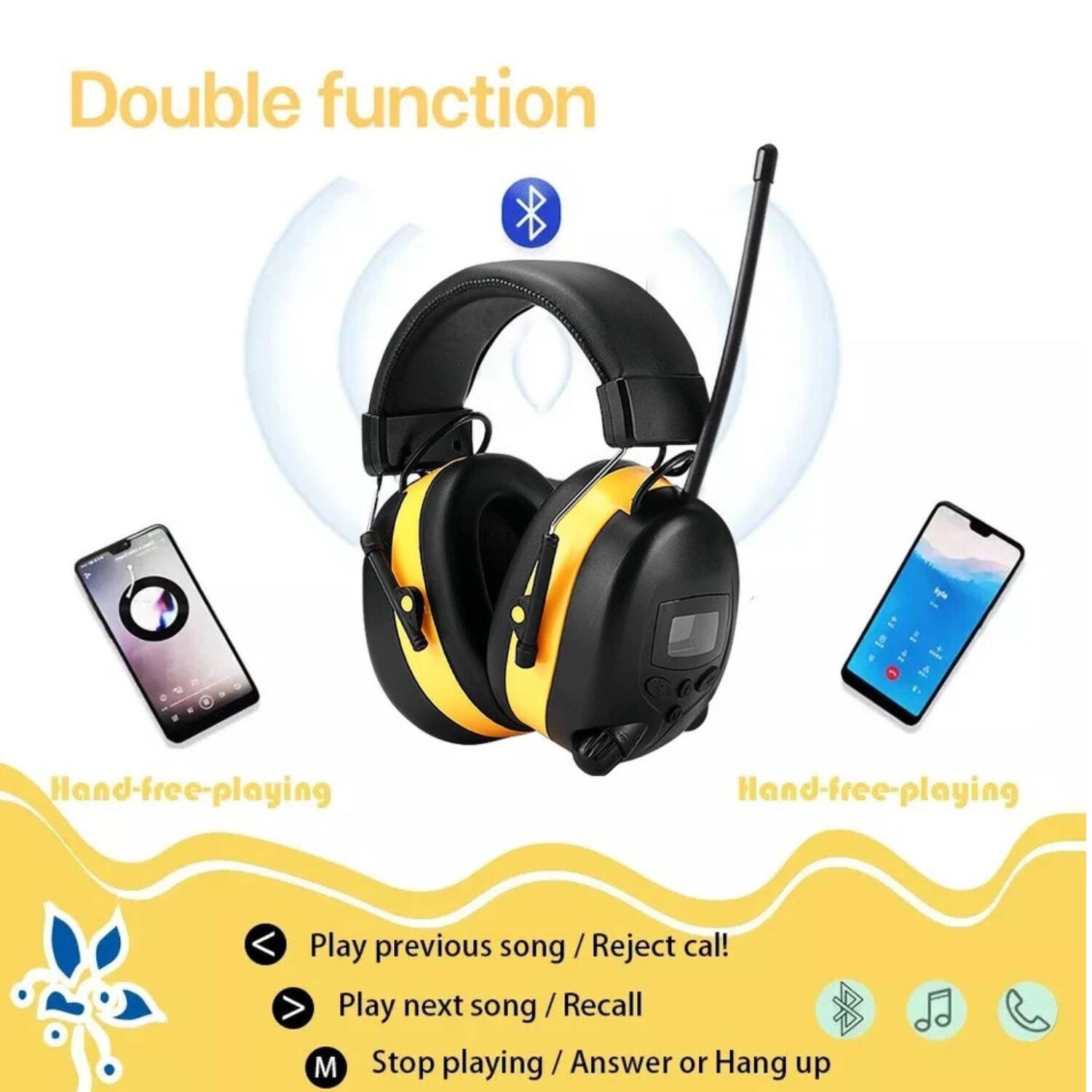 Double function

Hand-free-playing

- Play previous song / Reject call
- Play next song / Recall
- Stop playing / Answer or Hang up