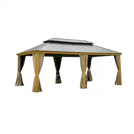 Loheer - 12x18 Hardtop Gazebo, Wood Look Aluminum Frame, Galvanized Steel Double Roof, Curtains and Netting