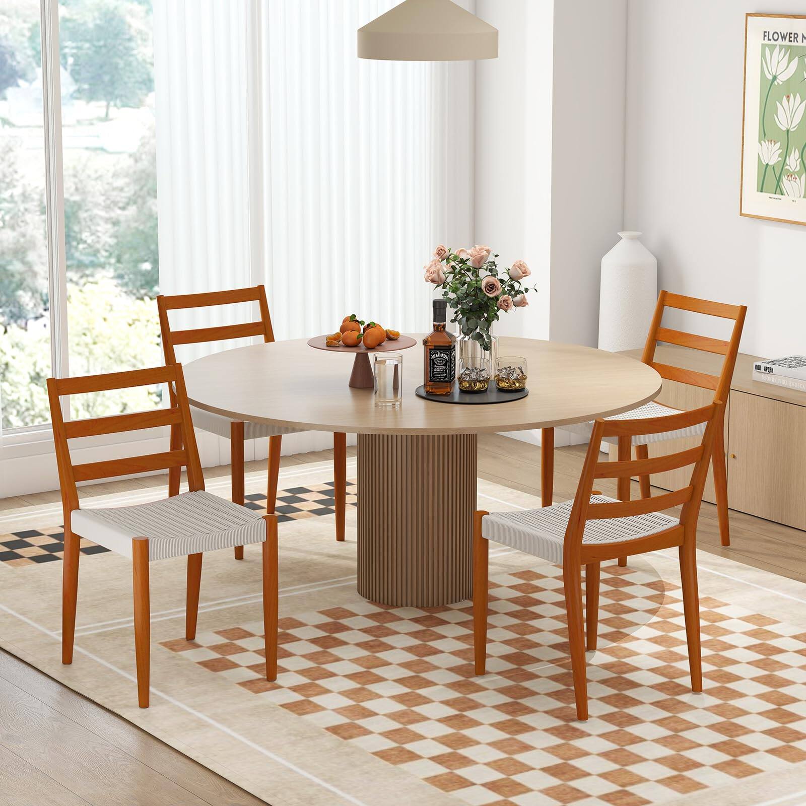 Left. Bestier - Dining Chairs with Curved Wooden Backrest, Woven Rope Seat and Solid Wood Tapered Legs - wooden.