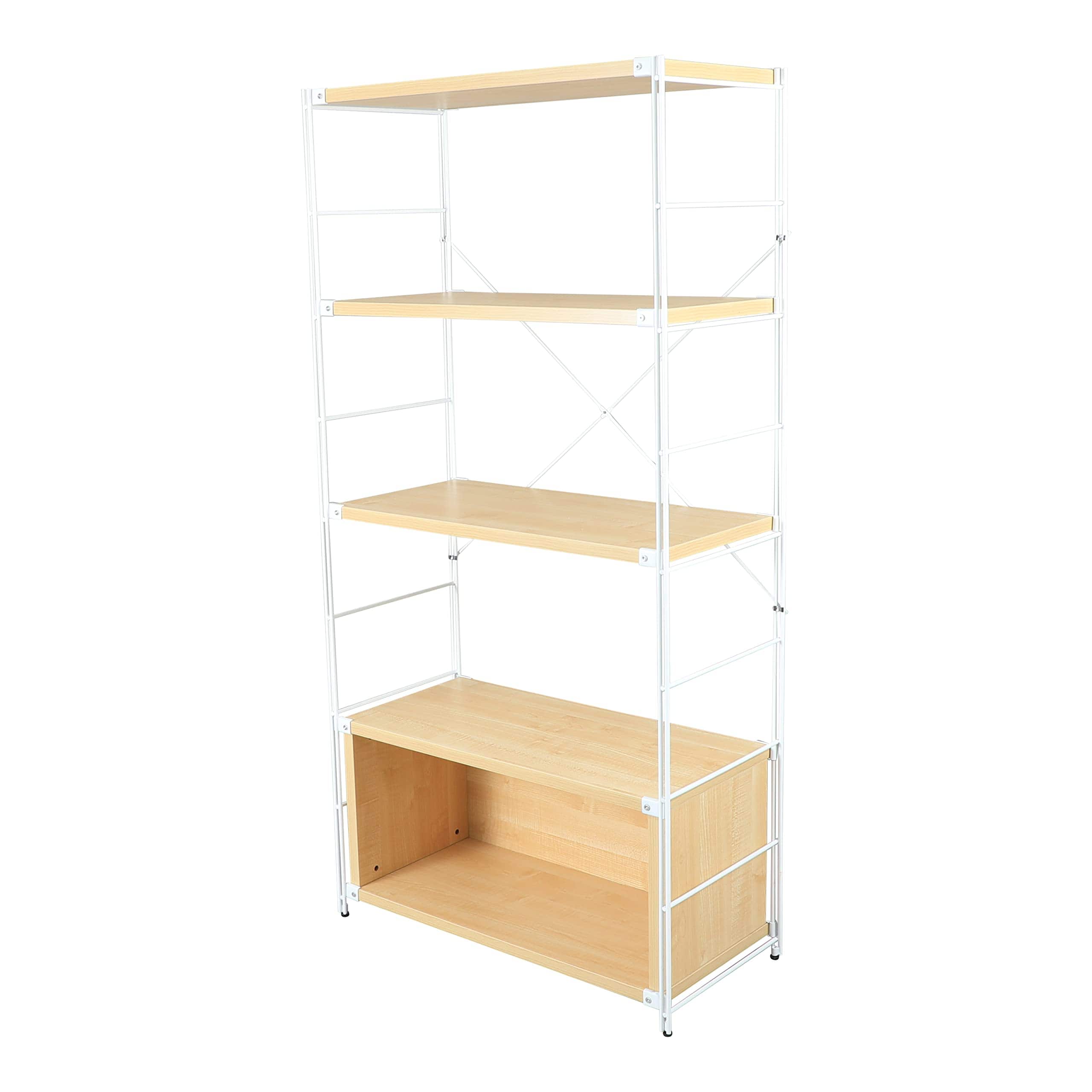 Front. LeisureMod - Etagere 4-Shelf Industrial Bookcase with White Steel Frame and Melamine Shelves Open Storage for Living Room and Office - Natural Wood.