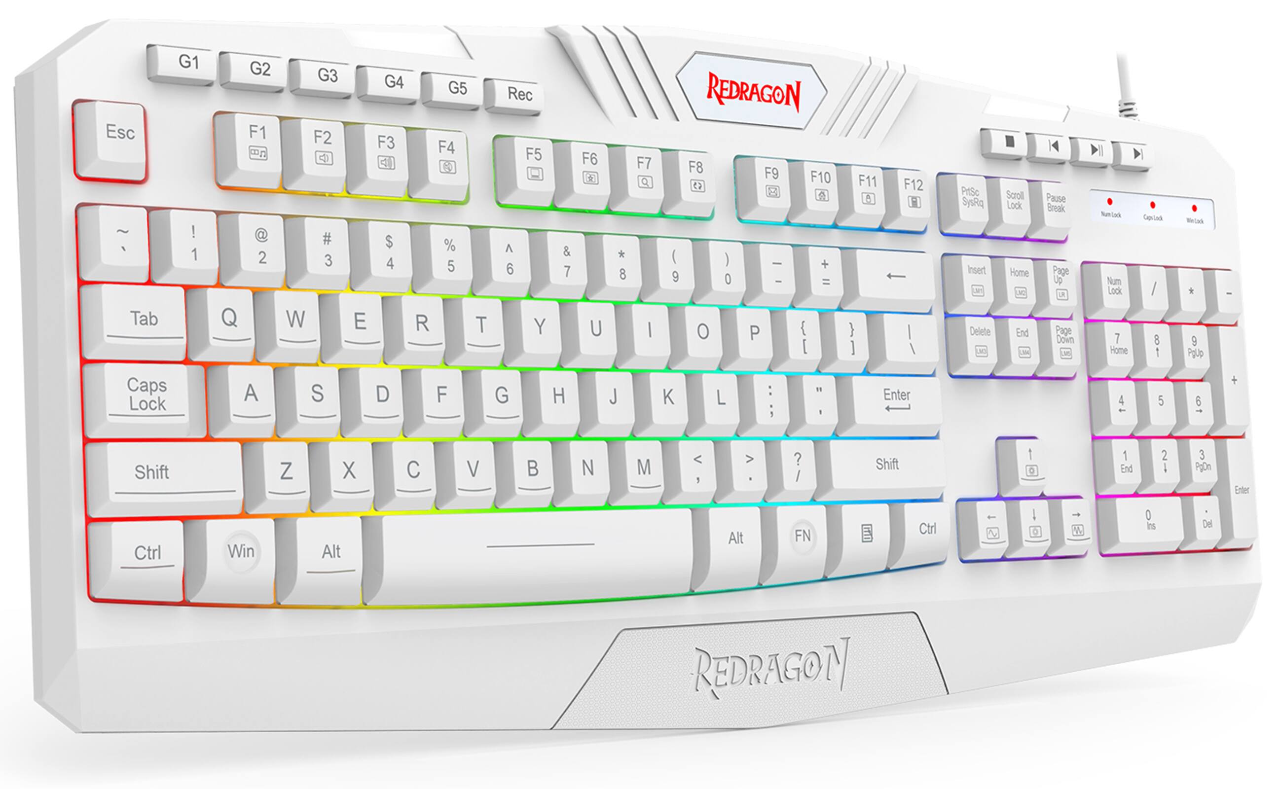 The text on the image is a keyboard layout, which includes the key labels and their corresponding functions. The layout is for a Redragon keyboard, which features a colorful design with white, blue, green, red, and purple keys. The layout includes the standard QWERTY layout, with additional keys such as the Windows key, function keys, and arrow keys. The layout also includes a numeric keypad, which is located to the right of the main keyboard. The Redragon keyboard is designed to provide a visually appealing and functional typing experience for users.