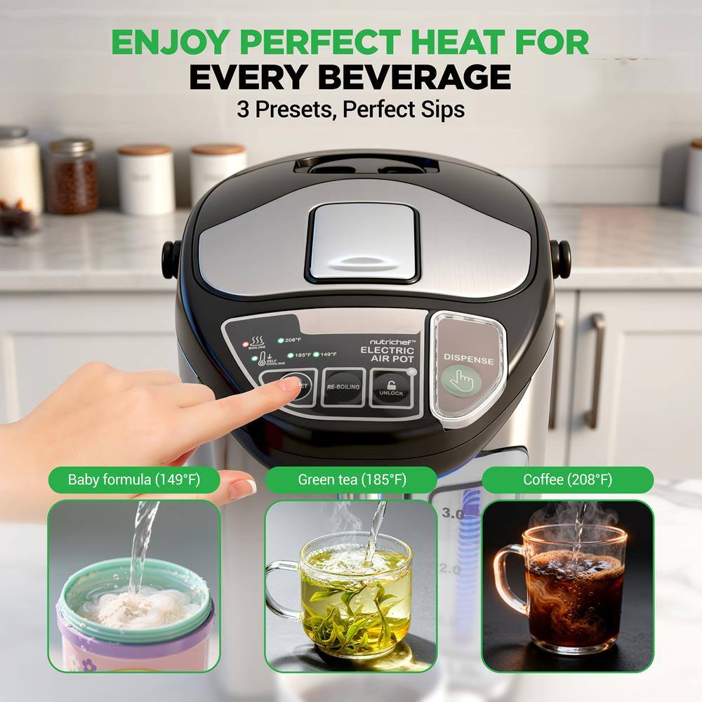 ENJOY PERFECT HEAT FOR EVERY BEVERAGE  
3 Presets, Perfect Sips

- Baby formula (149°F)
- Green tea (185°F)
- Coffee (208°F)