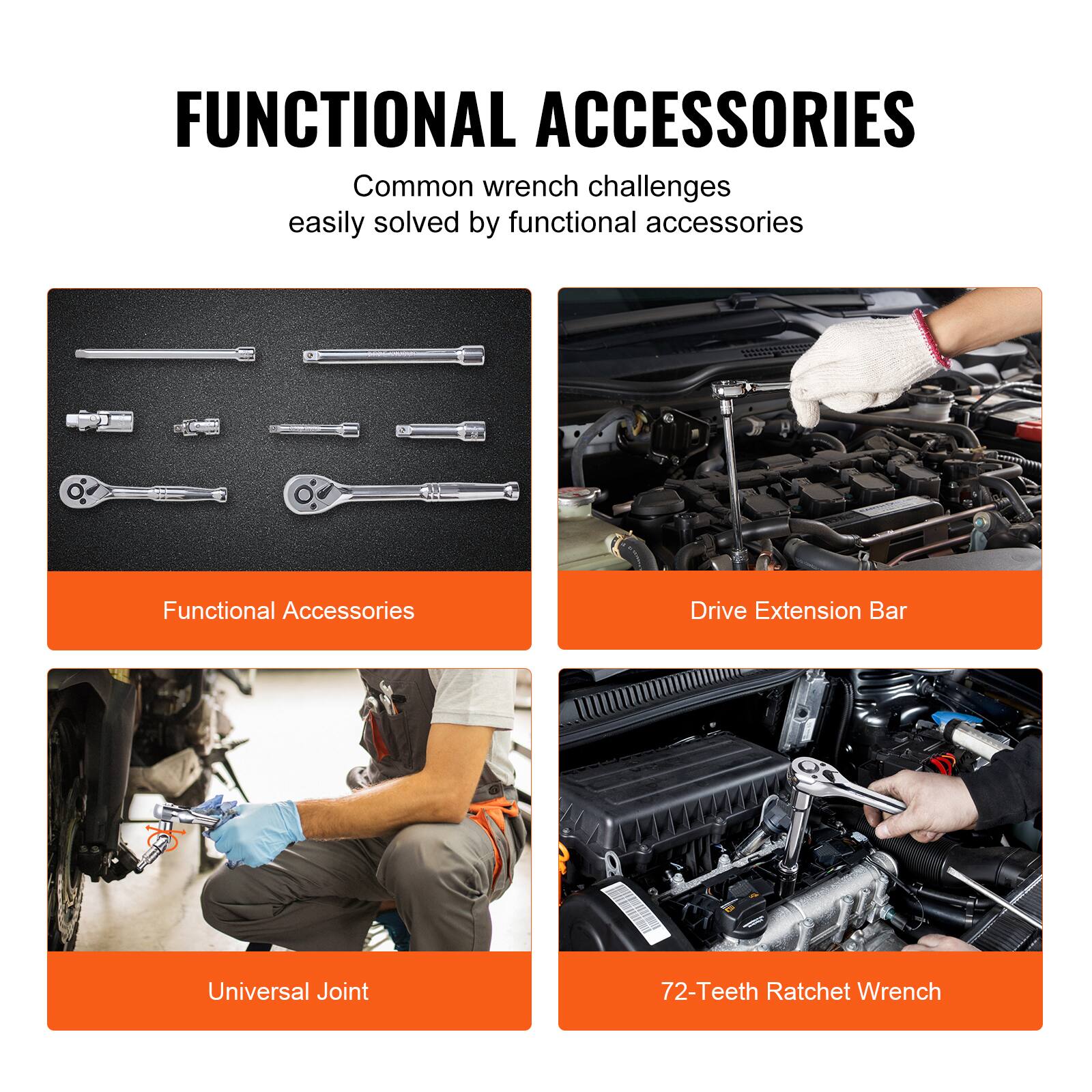 FUNCTIONAL ACCESSORIES

Common wrench challenges easily solved by functional accessories

Functional Accessories

Drive Extension Bar

Universal Joint

72-Teeth Ratchet Wrench
