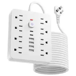 Dazzed Corner - 5FT Surge Protector, 8 Outlets & 6 USB Ports (2 USB-C), Flat Plug - White