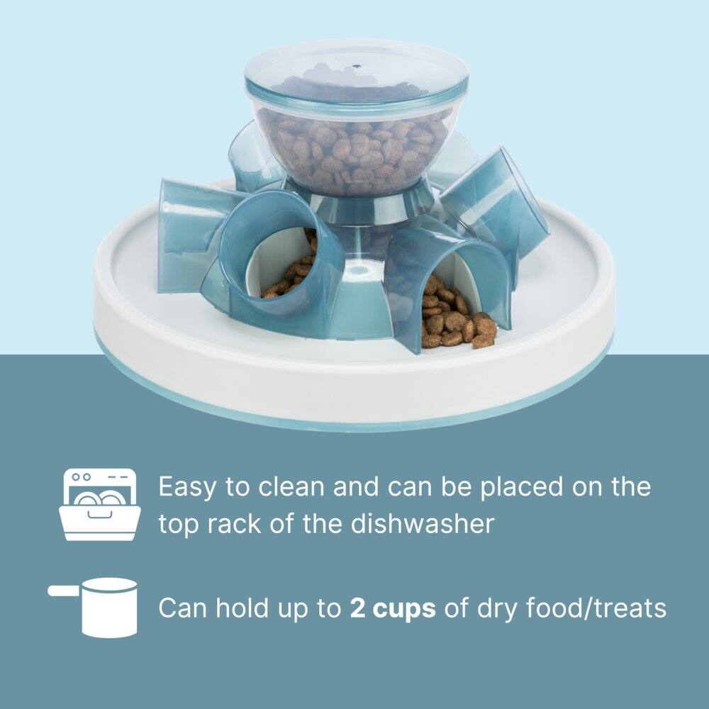 Easy to clean and can be placed on the top rack of the dishwasher  
Can hold up to 2 cups of dry food/treats