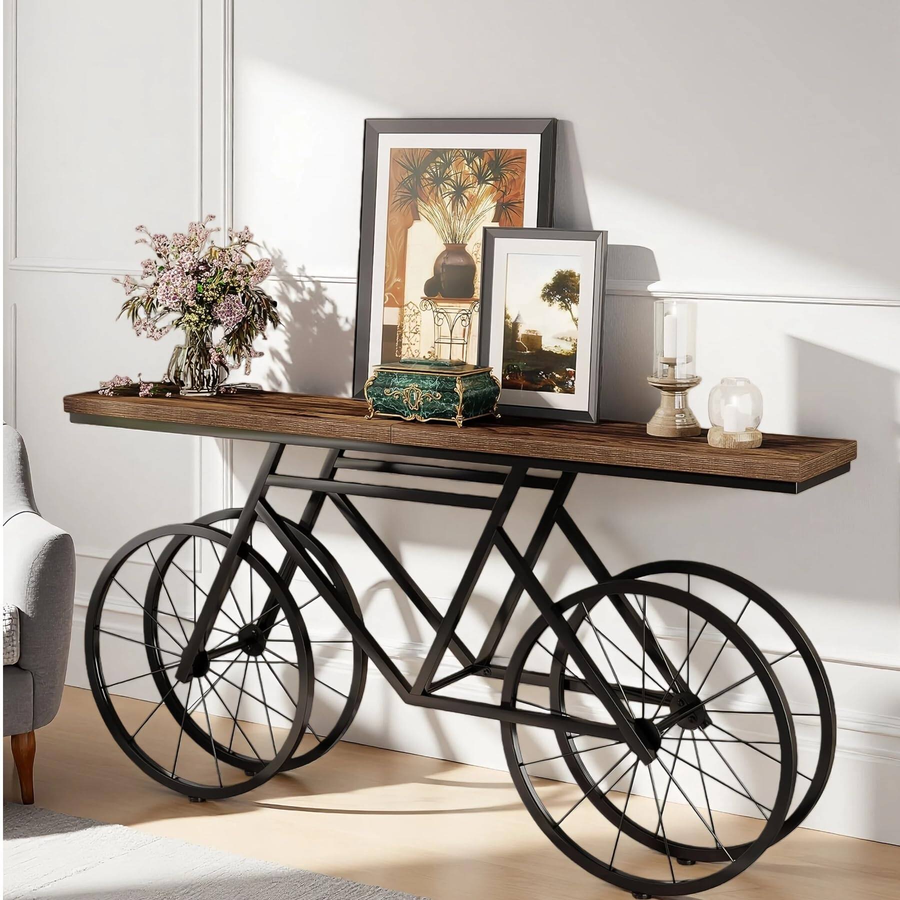 Left. Tribesigns - Extra Long Console Table, 70.9-Inch Narrow Sofa Table Behind Couch with Bicycle Metal Base, Industrial Entryway Table fo - Brown.
