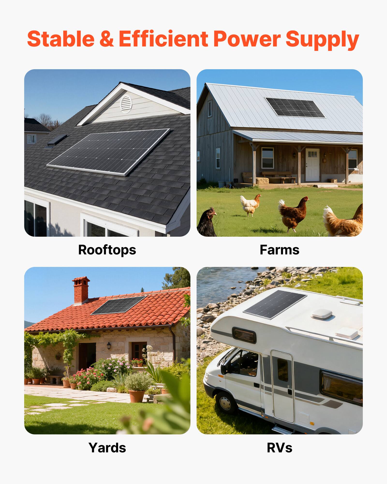 Stable & Efficient Power Supply

- Rooftops
- Farms
- Yards
- RVs