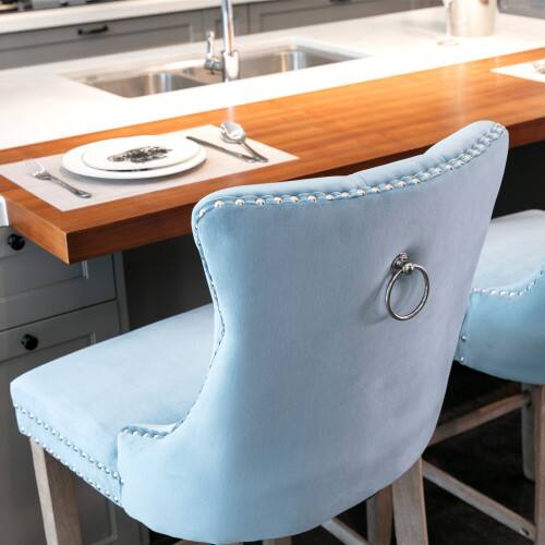 Alt View 6. LUCKY ONE - Assembled Velvet Bar Stool Set of 2 with Button Tufted Wood Legs Chrome Nailhead Trim - Light Blue.