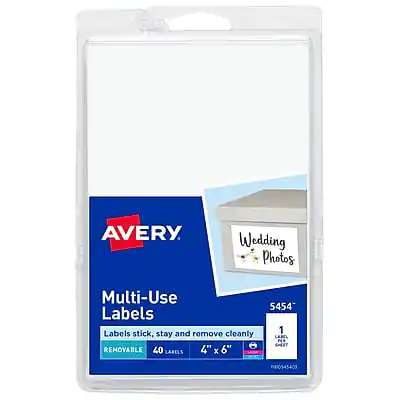 AVERY
Multi-Use Labels
Labels stick, stay and remove cleanly
REMOVABLE
40 LABELS
4" x 6"
5454
1 SHEET
RS0545403