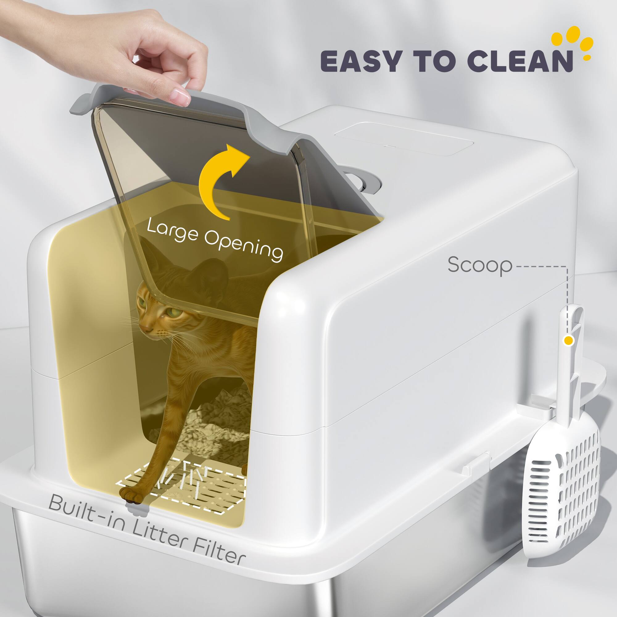 EASY TO CLEAN

Large Opening

Built-in Litter Filter

Scoop